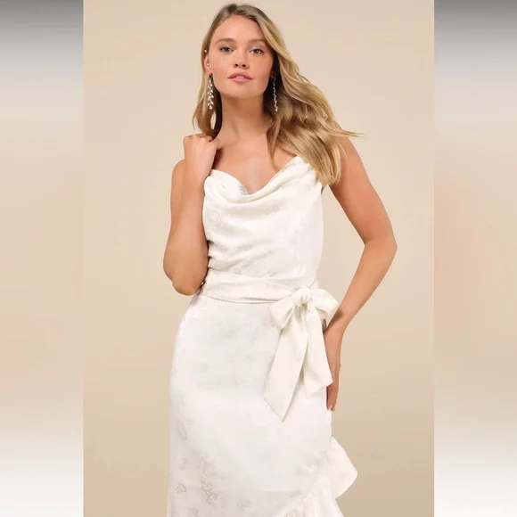 Lulu's Modern Passion Ivory Floral Satin Jacquard Ruffled Midi Dress - Picture 2 of 10